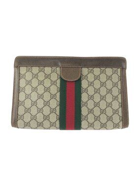 Gucci Vintage Beige Brown GG Plus Leather Clutch